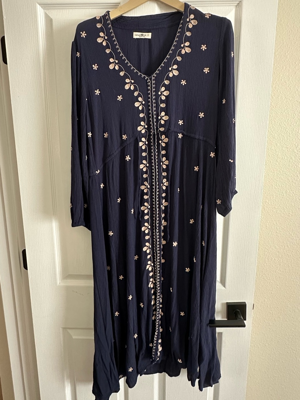 NATURAL LIFE Navy Maxi Dress with Cream Floral Embroidery
